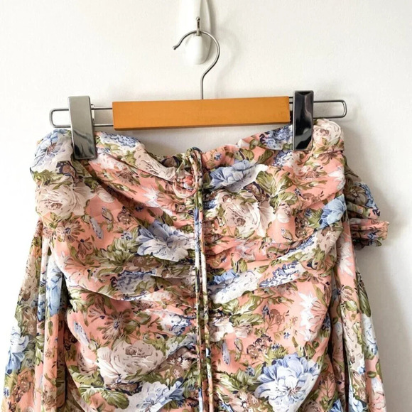 Hello Molly Basque Country Mini Dress Puff  Long Sleeve Ruched Pink Green Size 2 - Picture 5 of 10